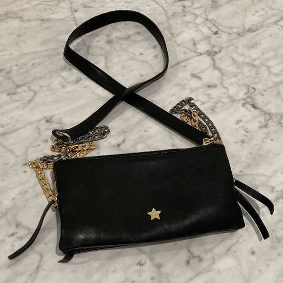 ASH Black Leather Convertible Cross Body Purse Gold Silver Chain - Picture 8 of 14